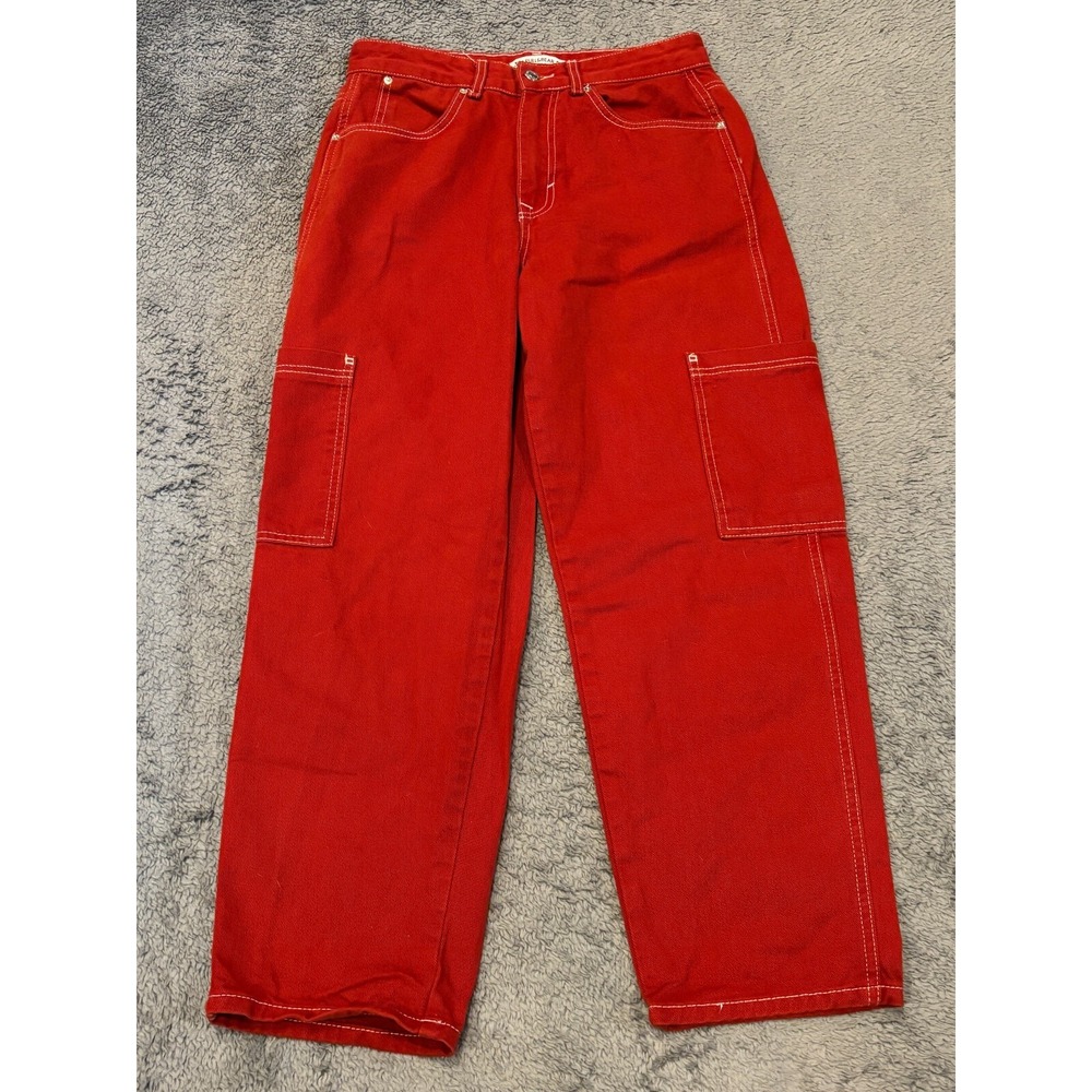 Pull And Bear Cargo Jeans Sz 38 EU (28x26) Red Denim Side Pocket Contrast Stitch